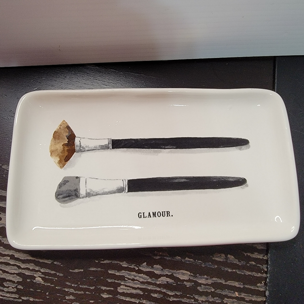 Rae Dunn White makeup brush trinket tray ceramic dish 9"x5"